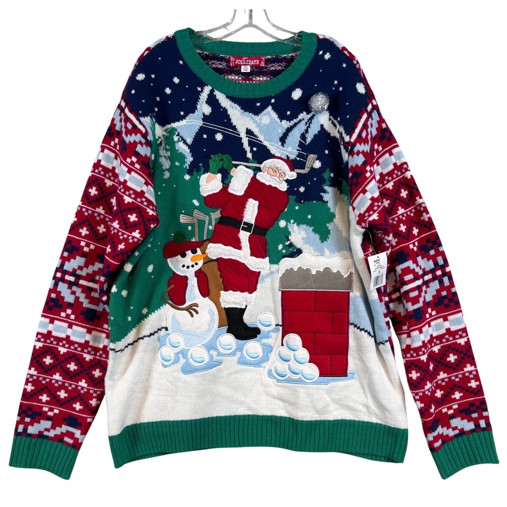 NWT Men Ugly Christmas Sweater Golfing‎ Santa Snowman Knit 2XB Fairisle Big Tall